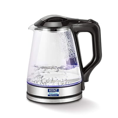KENT 16023 Electric Glass Kettle 1.7 L | 1500W | Stainless Steel Heating Plate | Borosilicate Glass Body | Boil Drying Protection | 360° Rotating Base