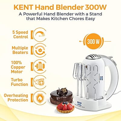 KENT 16051 Hand Blender 300 W | 5 Variable Speed Control | Multiple Beaters & Dough Hooks | Turbo Function, Plastic, 300 Watts