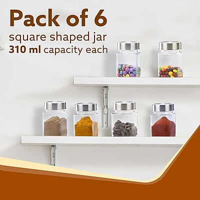 AGARO Elegant Cube Jar 310 ml, Steel Lid, Storage Glass Container Pack of 6 AGARO Elegant Cube Jar 310 ml, Steel Lid, Storage Glass Container Pack of 6