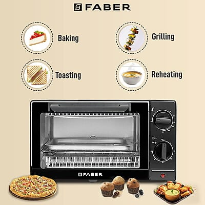 Faber 9L 1000W OTG Bake, Toast, Grill | Upper & Lower SS Heating Auto-Shut Off, Ready Bell
