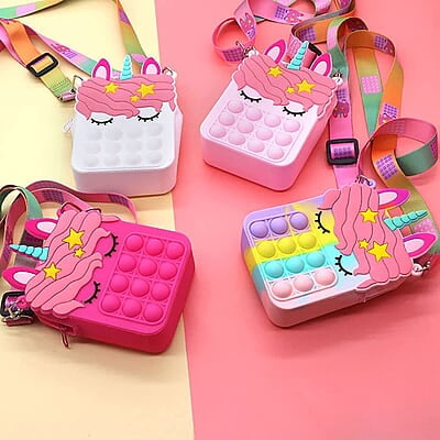 Pop it Fidget Unicorn Sling Bag with Adjustable Sling Zipper Closer Silicon Unicorn Cross Body Shoulder Bag Travel Pouch for Girls Stress Relief Multicolor Pouch Travel Pouch for Girls (Random Color)