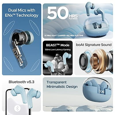 boAt Airdopes 311 Pro w/Up to 50 HRS Playtime, ASAP Charge(10min=150 Mins), Dual Mics w/ENx Tech, Transparent ID, 50 ms Low-Latency Beast Mode, IPX4 Truly Wireless in Ear Earbuds