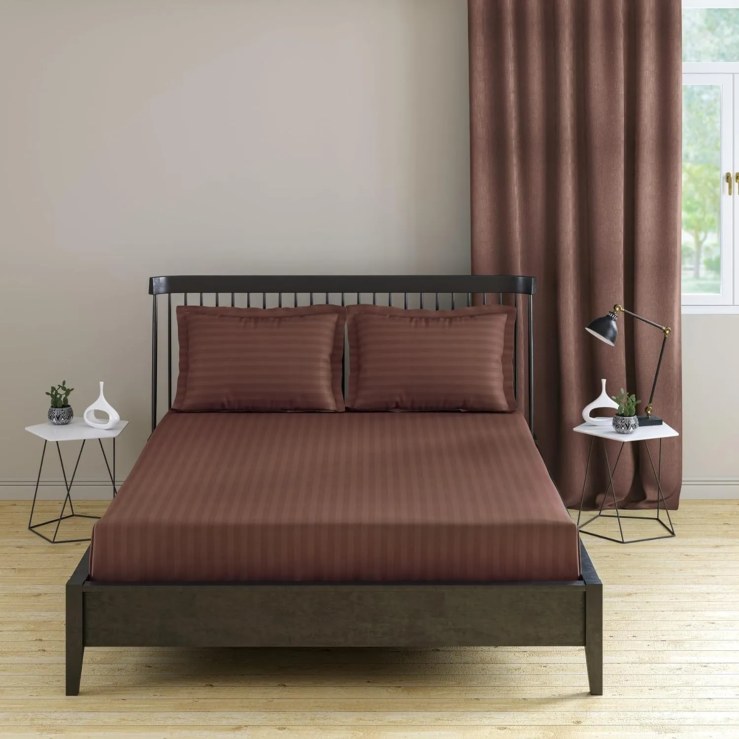Sofrito Bedsheet (Fitted) Glace Cotton 300 TC - Striped - Brown Sofrito Bedsheet (Fitted) Glace Cotton 300 TC - Striped - Brown
