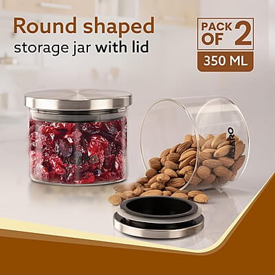 AGARO Elite Borosilicate Glass Jar 350 ml, Round Shaped, Steel Lid  Pack of 2.