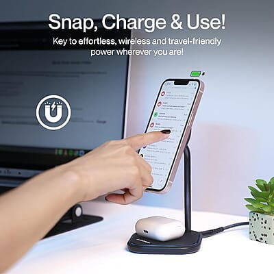 Ambrane 20W MagSafe 2in1 Wireless Charger & Mobile Stand for Both iPhone & Airpods (iPhone 15/15 Plus/15 Pro/15 Pro Max, iPhone 12/13/14 Series) & Qi Devices + Magnetic Ring