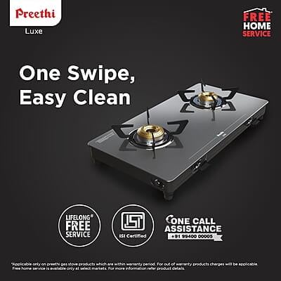 Preethi Luxe 2 Burner Glass Top Gas Stove With Driptray Less Infinity Design Preethi Luxe 2 Burner Glass Top Gas Stove With Driptray Less Infinity Design