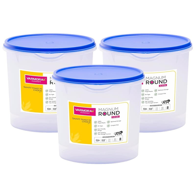 Varmora Magnum Round Smart Kitchen Storage Plastic Container – Blue Lid (2.5 Litres) (Pack of 3)