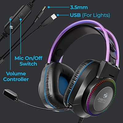 Zebronics Jet PRO Premium Wired Gaming On Ear Headphone with LED for Headband + earcups, 40mm Neodymium Drivers, 2 Meter Braided Cable, with mic, Suspension Design, 3.5mm + USB Connector