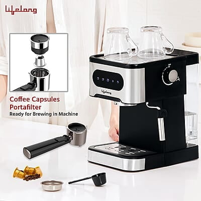 Lifelong Digital Espresso Coffee Maker -1350W Coffee Machine, 20 Bar Pressure Pump, Steam Band
