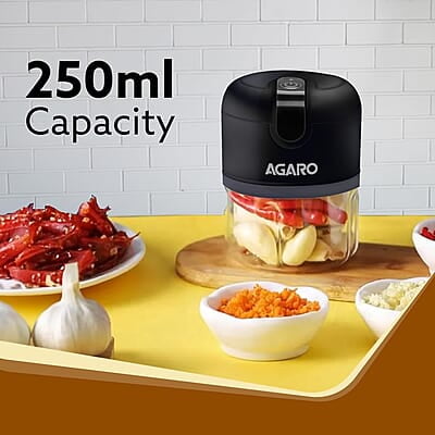 AGARO Elite Rechargeable Mini Electric Chopper, Food Grade Bowl, Stainless Steel Blades 250 Ml