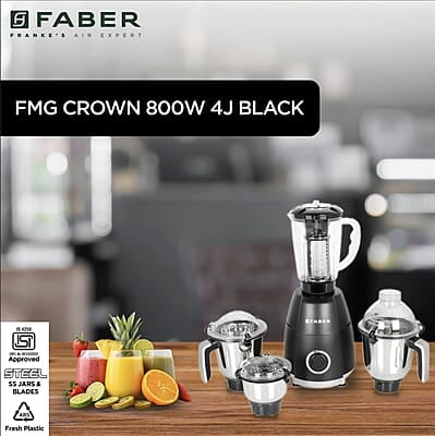 Faber Crown 800W Blender Mixer Grinder, 3 SS clip lock jars + 1 PC jar  copper motor, up to 20000 rpm speed