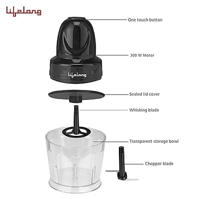 Lifelong LLEC921 300W Regalia Electric Chopper with 2 Attachments Mince, Puree, Whisk, Blend  Vegetable Chopper