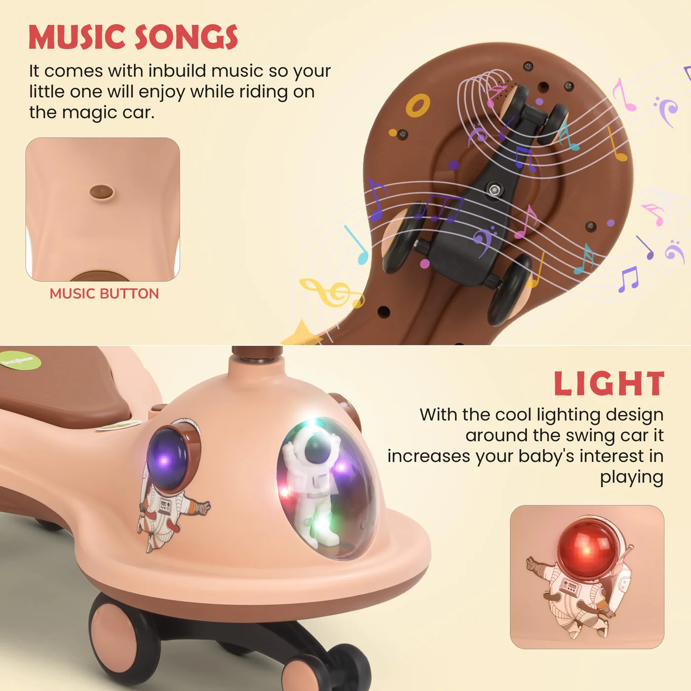 Baybee Astro Baby Swing Car for Kids-Light Orange
