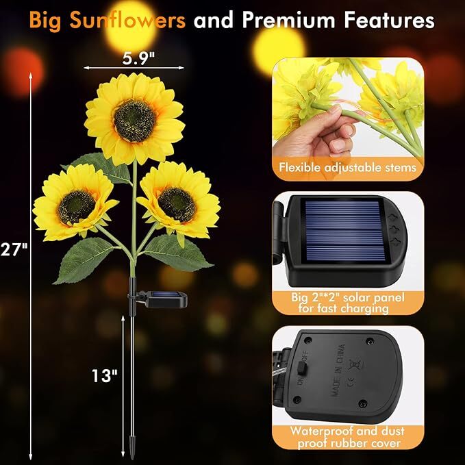 Sunflower Lights, 800mA Solar Garden Light with Real Looking Flowers Outdoor Waterproof Solar Stake Lights for Back Yard