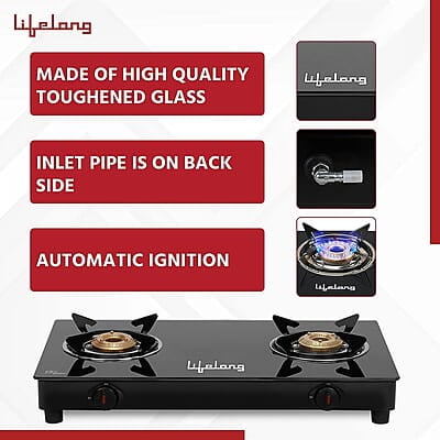 Lifelong 2 Burner Gas Stove Top for Kitchen - Automatic Ignition Cooktop Modern Glass Stove for Modular Kitchen, ISI Certified