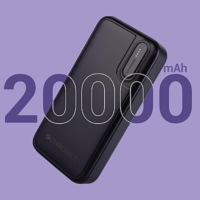 ZEBRONICS MB20000R2 Power Bank, 20000 mAh, 10W Output, Dual USB Output, Type C & Micro USB Input, Built in Protections, LED Indicator
