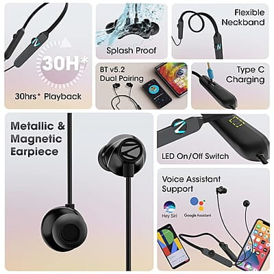 Zebronics Yoga N2 RGB Neckband with 30H Playtime, ENC Mic, Upto 50ms Gaming Mode, Powerful Bass, Voice Asst, IPX4, Dual Pairing, Type C Port, Bluetooth v5.2 Wireless in Ear Earphones with Mic
