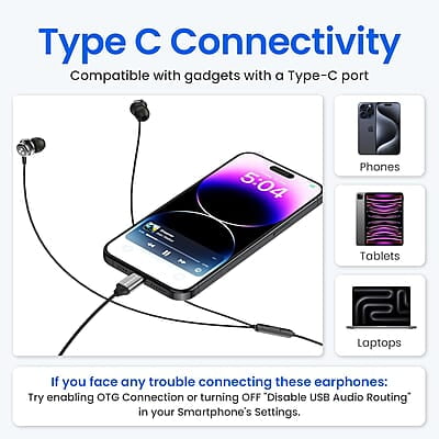 Ambrane Type C Wired Earphones with in-line Mic for Clear Calling, 1.2M Cable, 10mm Dynamic Drivers for BoostedBass, Control Buttons for iPhone 15, Samsung & Type C Devices Stringz 04
