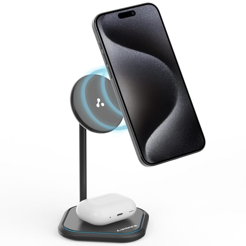 Ambrane 20W MagSafe 2in1 Wireless Charger & Mobile Stand for Both iPhone & Airpods (iPhone 15/15 Plus/15 Pro/15 Pro Max, iPhone 12/13/14 Series) & Qi Devices + Magnetic Ring