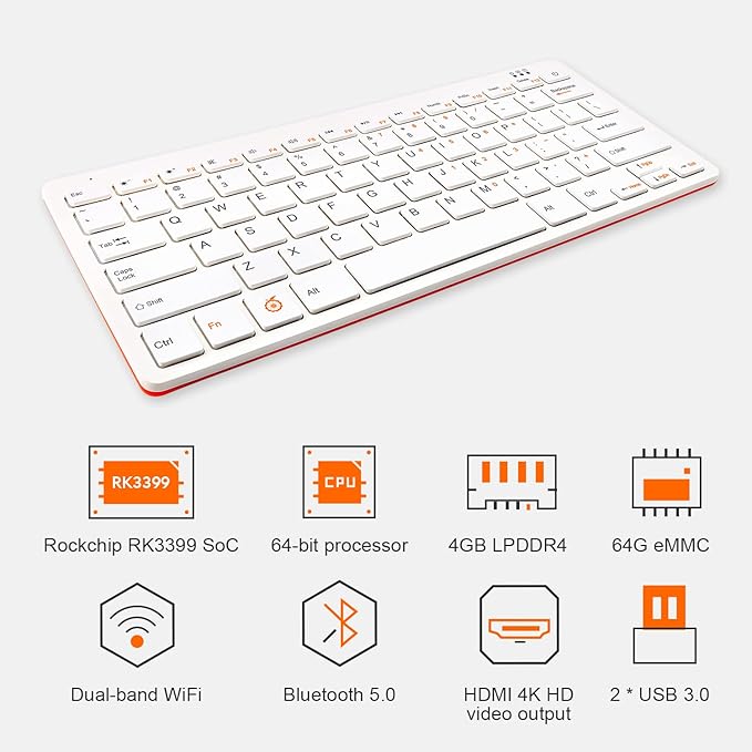 Orange Pi 800 Mini PC Kit with 4GB RAM, 64GB EMMC, Official Keyboard, 800 Keyboard (Pi 800+5V4A Power Supply) With WiFi Connection, White Orange Pi 800 Mini PC Kit with 4GB RAM, 64GB EMMC, Official Keyboard, 800 Keyboard (Pi 800+5V4A Power Supply) With WiFi Connection, White