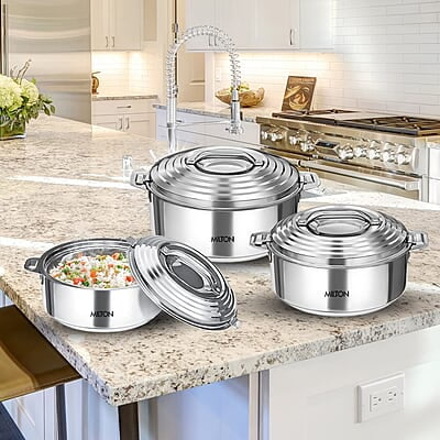 MILTON Galaxia Double Walled Stainless Steel Casserole, Set of 3, (1.2 Litre, 2.09 Litre, 2.45 Litre), Silver MILTON Galaxia Double Walled Stainless Steel Casserole, Set of 3, (1.2 Litre, 2.09 Litre, 2.45 Litre), Silver