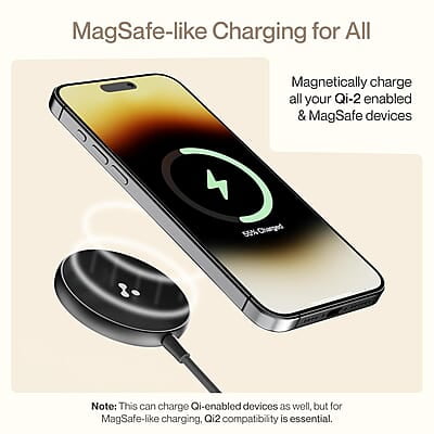 Ambrane 15W Qi-2 & Magsafe Wireless Charger with 60W Type C Cable for iPhone 15/15 Pro/15 Pro Max,iPhone 14/14 Pro/14 Pro Max,iPhone 13/12,Samsung & Other Qi-2 Device + Magnetic Ring