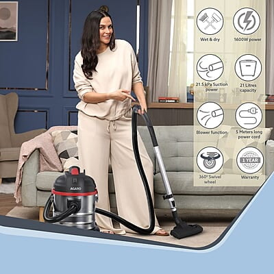 AGARO Ace Wet & Dry Vacuum Cleaner, 1600 Watts, 21.5 kPa Suction Power, 21 litres Tank Capacity 3L Dust Bag