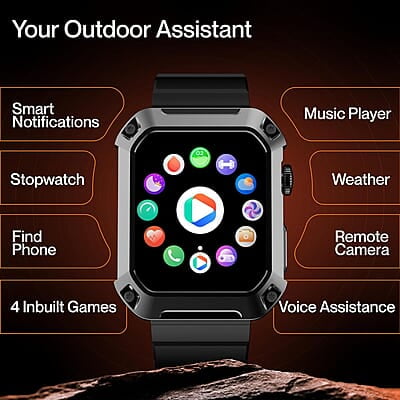 Ambrane 1.85" Uni Pair BT Calling Smartwatch, Rugged & Sporty Metal Body, 10 Days Battery, 500 NITS, 100+ Sports Mode with IP68, Sp02 Tracking, 100+ Watch Faces Stud