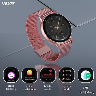 Vibez by Lifelong Luxury Smart Watch for Women - Emerald Rose Gold Smartwatch with Metal Strap, 1.39 Inch HD Display, IP67, Bluetooth Calling, 100+ Watch Faces, Health Tracker & Sports Modes