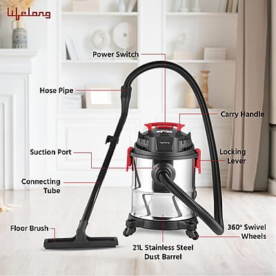 Lifelong 21 litre Vacuum Cleaner for Home – 1200 W, Wet & Dry Floor Cleaner Brush