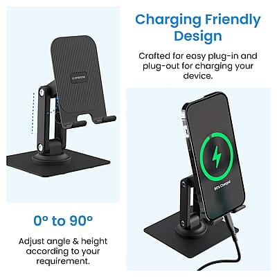 Ambrane 360° Rotation, Foldable Design Mobile Stand with Stable Metalic Round Base, Multiple Height & Angle adjustments Compatible with Smartphones, Tablets, Kindles & iPad Twistand 360