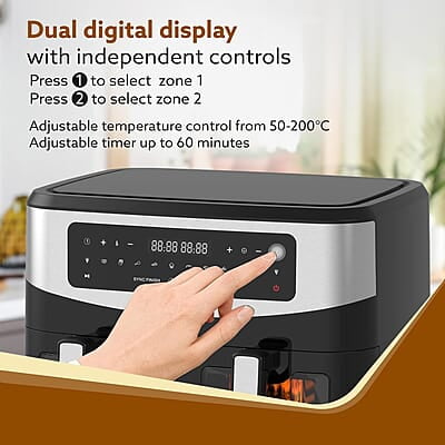 AGARO Imperial Dual Basket Digital Air Fryer, Independent 4.5L Basket, 10 Preset Cooking Modes, 360° Air Circulation, Convection, Digital Touch Display, 2400W AGARO Imperial Dual Basket Digital Air Fryer, Independent 4.5L Basket, 10 Preset Cooking Modes, 360° Air Circulation, Convection, Digital Touch Display, 2400W