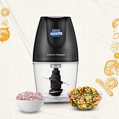 KENT Electric Chopper-B for Kitchen 250 Watt | Chop, Mince, Puree, Whisk, 400 ml Capacity | Stainless Steel Double Chopping Blades | Transparent Chopping Bowl | Anti-Skid | One Touch Operation | Black