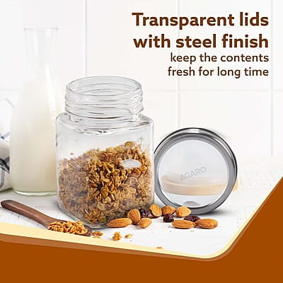 AGARO Elegant Cube Jar 310 ml, Steel Lid, Storage Glass Container Pack of 6 AGARO Elegant Cube Jar 310 ml, Steel Lid, Storage Glass Container Pack of 6