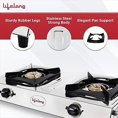 Lifelong 2 Burner Gas Stove Top for Kitchen - Manual Ignition Cooktop with Stainless Steel for Kitchen, ISI Certified