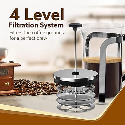 AGARO Classic French Press Coffee And Tea Maker, Borosilicate Glass Body With Sleeves, Glass Carafe, BPA Free Plastic Lid Strainer, 600Ml