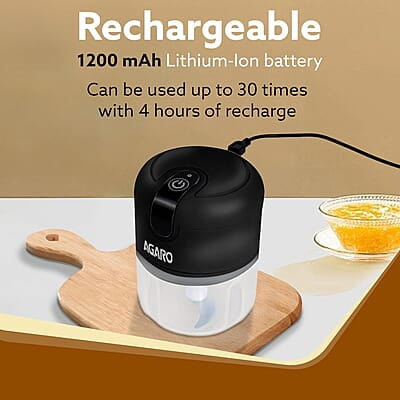 AGARO Elite Rechargeable Mini Electric Chopper, Food Grade Bowl, Stainless Steel Blades 250 Ml