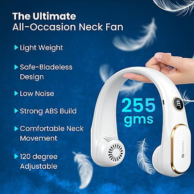 Portronics Gobreeze Portable Rechargeable Neck Fan, Upto 6 Hours Playtime, LED Display, Bladeless Fan, 4 Speed Mode, Adjustable Size, 360° Cooling Neck Fan, Noiseless Fan, Type C Fast Charging