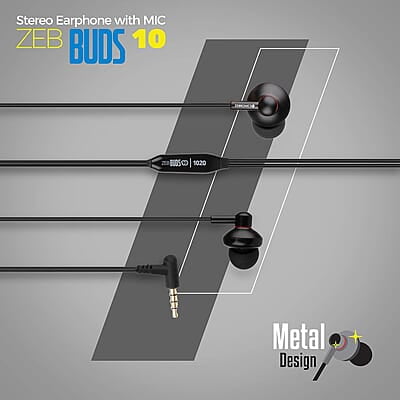 Zebronics Zeb-Buds 10 In Ear Wired Earphones with Mic, Metallic Design, L Shaped Connector, 13.5mm NdFeb Drivers