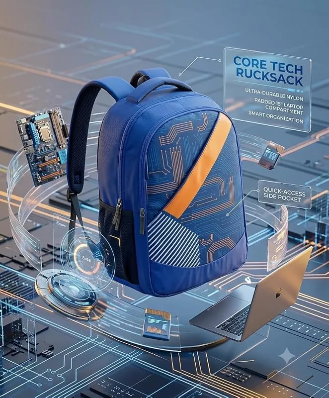 Brand: Generic Blue Laptop Backpack with Circuit Board Print, Orange Accent