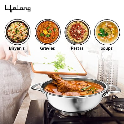 Lifelong LLTPDK006 Triply Deep Kadai with Riveted Handles with Stainless Steel Lid 1.1 litres Capacity