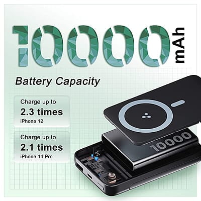Ambrane 10000mAh Magnetic Wireless Power Bank with Stand, 15W Wireless Fast Charging, Compact 22.5W PD Wired Charger, Compatible with iPhone 12/13/14/15 & Other Wireless Devices