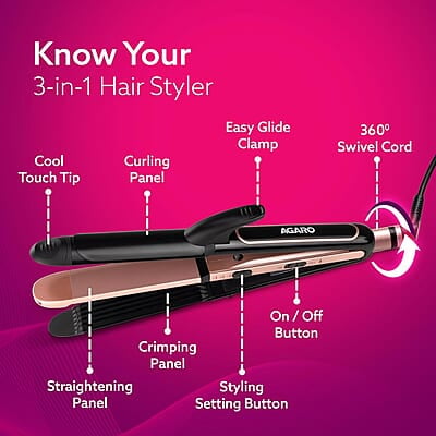AGARO HS1119 3-in1 Hair Styler, Straightner, Crimper, Curler For Women