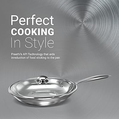 Preethi Metallica Collection Triply Stainless Steel Frypan with Glass Lid, 26 cm, Gas & Induction