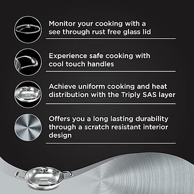 ‎Preethi Metallica Collection Triply Stainless Steel Kadai with Glass Lid, 28 cm, Gas & Induction