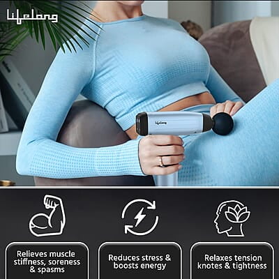 Lifelong Gun Massager Percussion for Full Body Pain Relief 6 Heads LED Touch 30 Speed Levels  Premium Bag