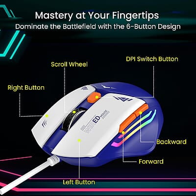 Portronics Vader Wired Gaming Mouse with 6 Buttons, Thumb Support, Adjustable DPI (6400 Max), RGB Light Effects, Ergonomic Design, 1.5 m Long USB Cable for Laptop & PC