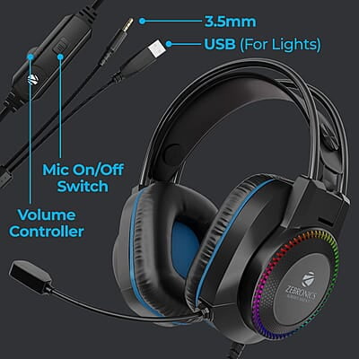 Zebronics Jet Premium Wired Gaming On Ear Headphone with LED Light for earcups, 40mm Neodymium Drivers, 2 Meter Braided Cable, Flexible mic, Suspension Headband, 3.5mm + USB Connector