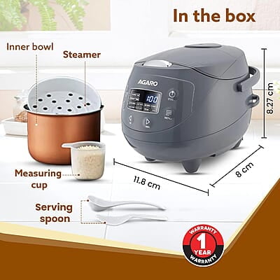 AGARO Imperial Electric Rice Cooker, 2L Ceramic Coated Inner Bowl, Steam Basket, 8 Preset Cooking Function with Advanced Fuzzy Logic 350W