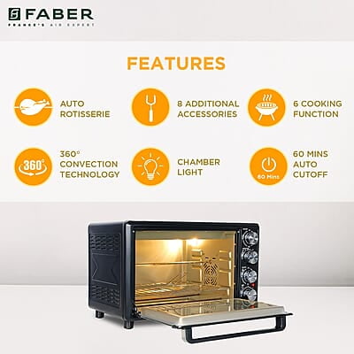 Faber 34 liter (DG) 1600 Watts OTG Bake, Toast, Roast, Grill 6 Functions, Upper & Lower Heating, Rotisserie, 360 Convection Faber 34 liter (DG) 1600 Watts OTG Bake, Toast, Roast, Grill 6 Functions, Upper & Lower Heating, Rotisserie, 360 Convection